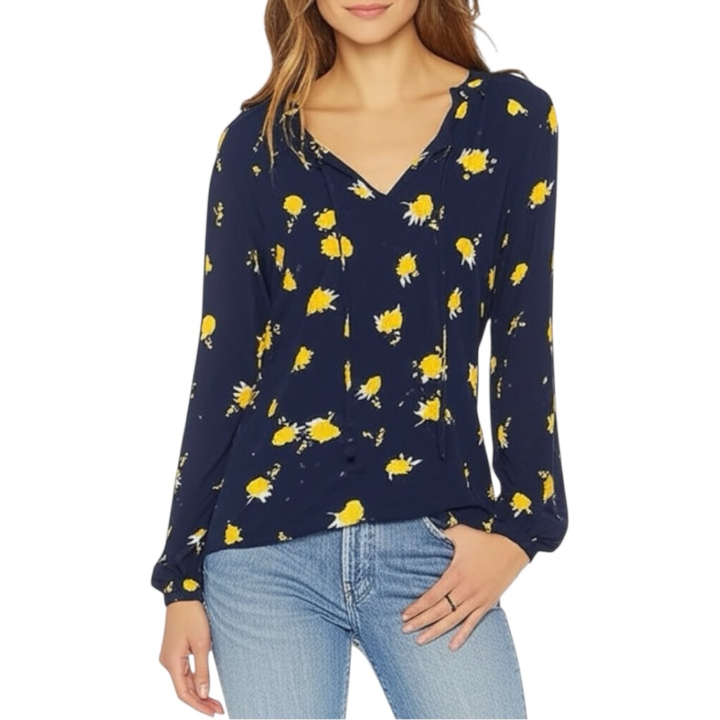 Lucky Brand Floral Print Tassel Split Neck Long Sleeve Top Navy Yellow S Boho
